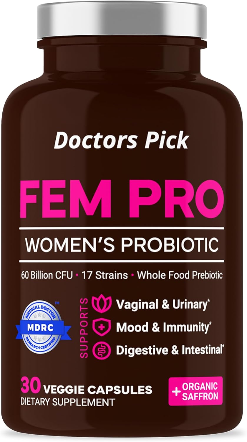 Fem Pro Probiotics for Women: 17 Clinically Effective Strains for Vaginal, Digestive & Immune Support, Urinary Tract Health - 30 Veggie Capsules