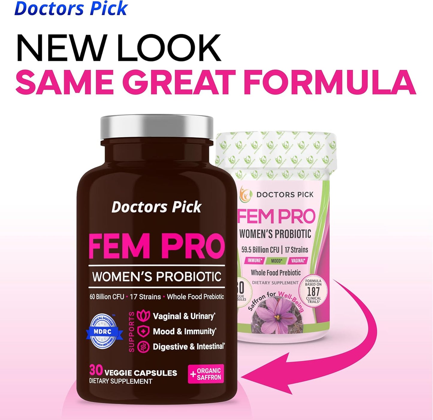 Fem Pro Probiotics for Women: 17 Clinically Effective Strains for Vaginal, Digestive & Immune Support, Urinary Tract Health - 30 Veggie Capsules