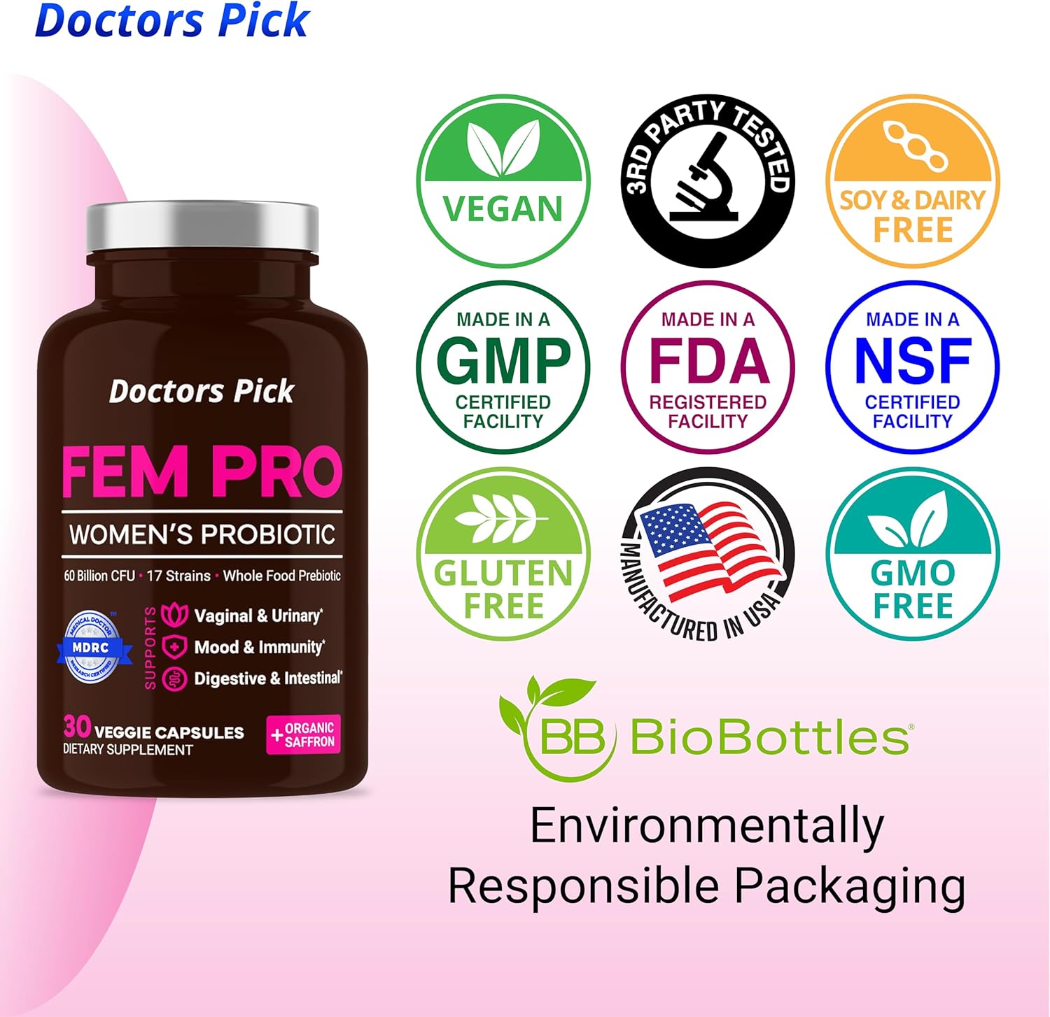 Fem Pro Probiotics for Women: 17 Clinically Effective Strains for Vaginal, Digestive & Immune Support, Urinary Tract Health - 30 Veggie Capsules