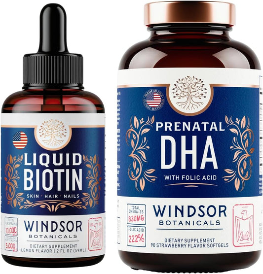 Female Health Bundle: Liquid Biotin with Collagen for Hair Growth, Prenatal Vitamins with DHA and Folic Acid by WINDSOR BOTANICALS