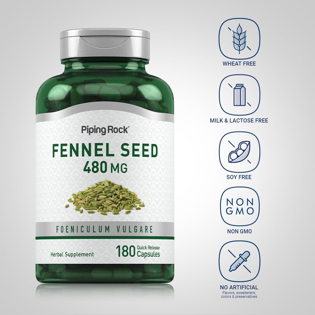 Fennel Seed Capsules 480mg - 180 Pills | Herbal Extract Supplement | Non-GMO, Gluten-Free | Foeniculum Vulgare