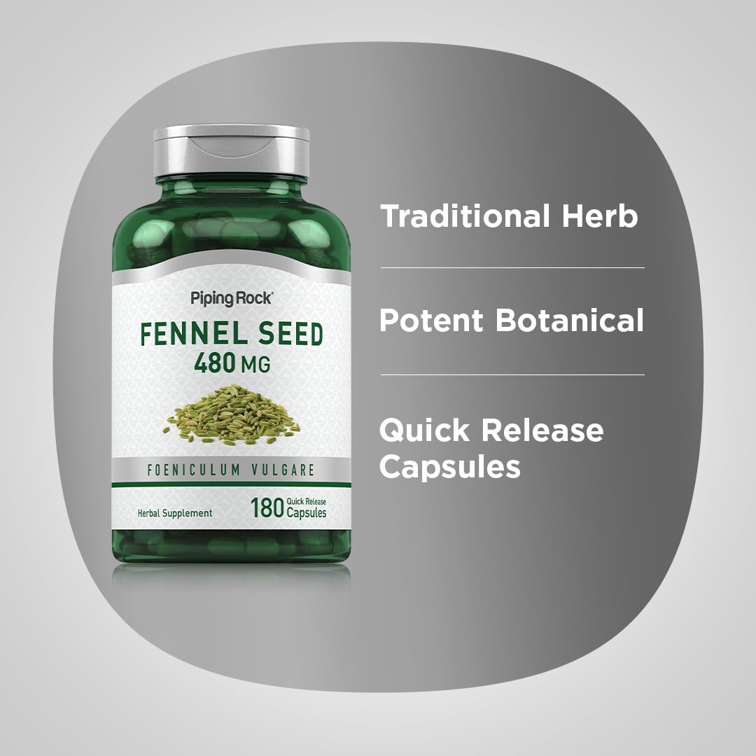 Fennel Seed Capsules 480mg - 180 Pills | Herbal Extract Supplement | Non-GMO, Gluten-Free | Foeniculum Vulgare