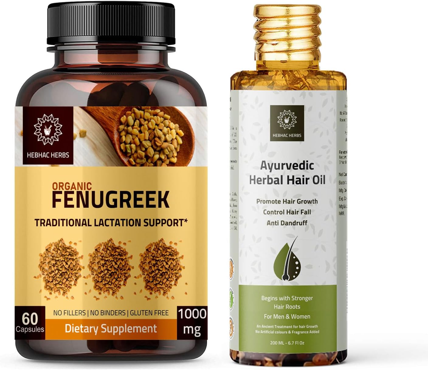 Fenugreek Capsules and Herbal Hair Oil Combo Pack by Hebhac Herbs