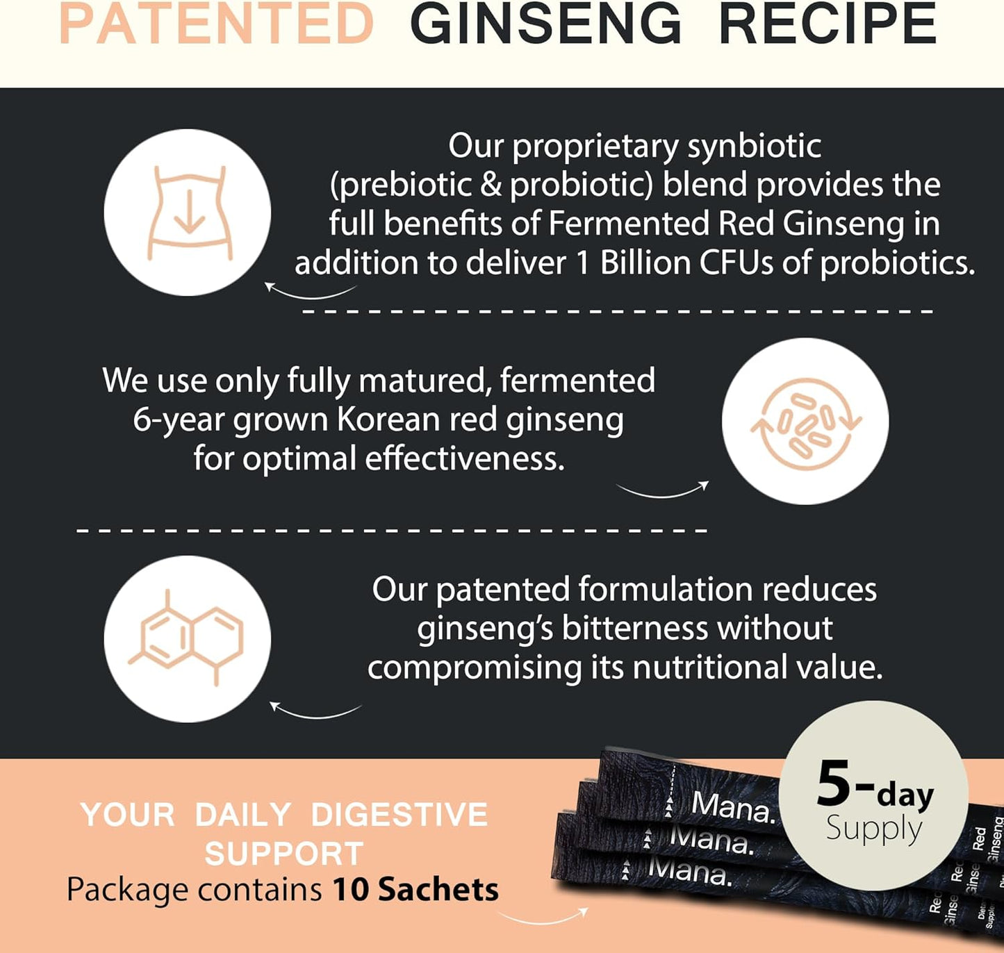 Fermented Korean Red Ginseng Synbiotic Powder Supplement for Energy, Stress Relief, and Mood Support - Prebiotics and Probiotics - 10 Count