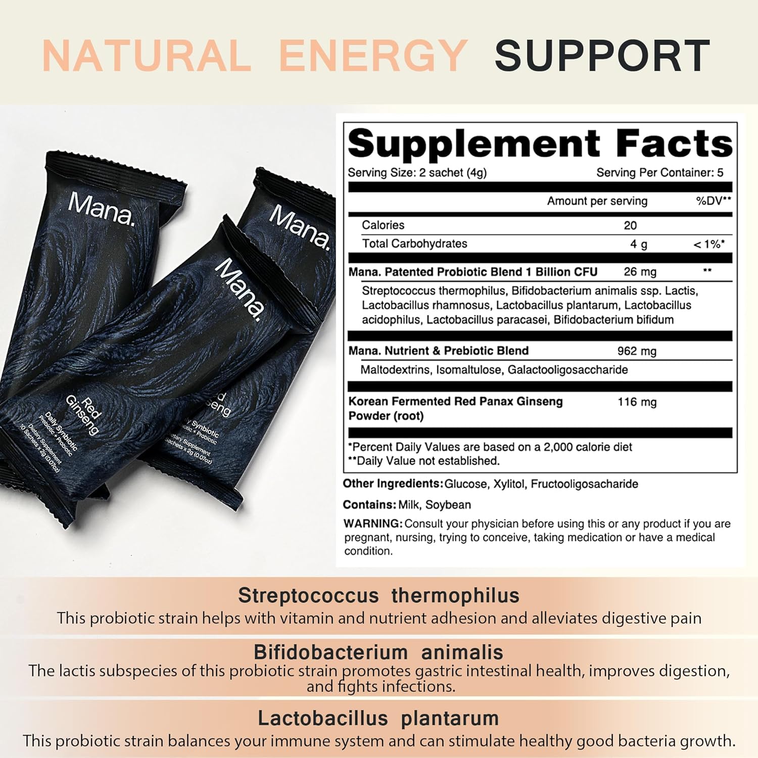 Fermented Korean Red Ginseng Synbiotic Powder Supplement for Energy, Stress Relief, and Mood Support - Prebiotics and Probiotics - 10 Count