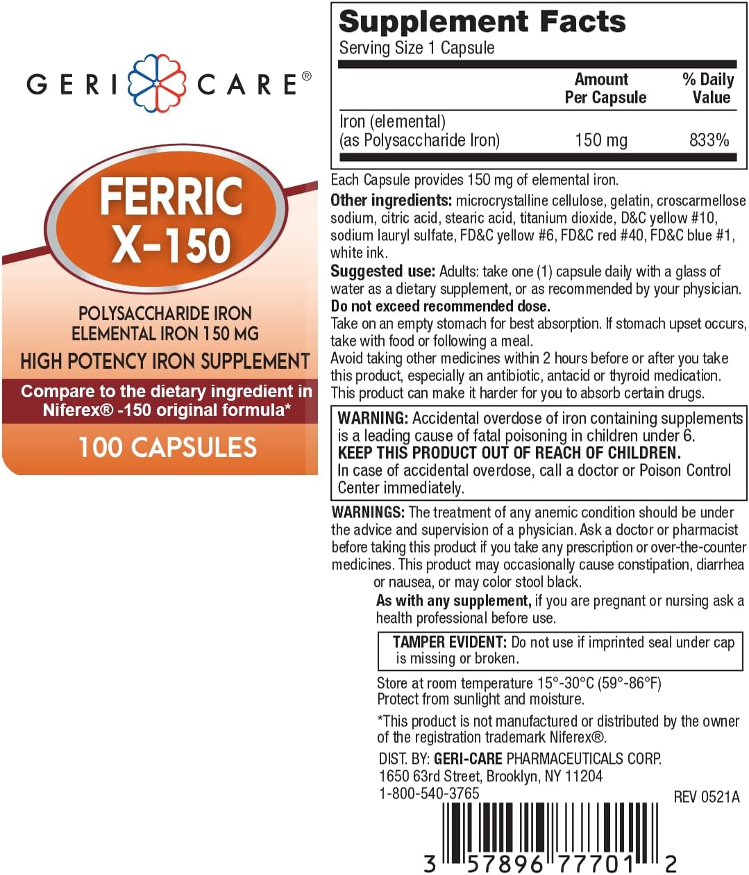 Ferric X-150 High Potency Polysaccharide Iron Supplement Capsules - 100 Count Pack
