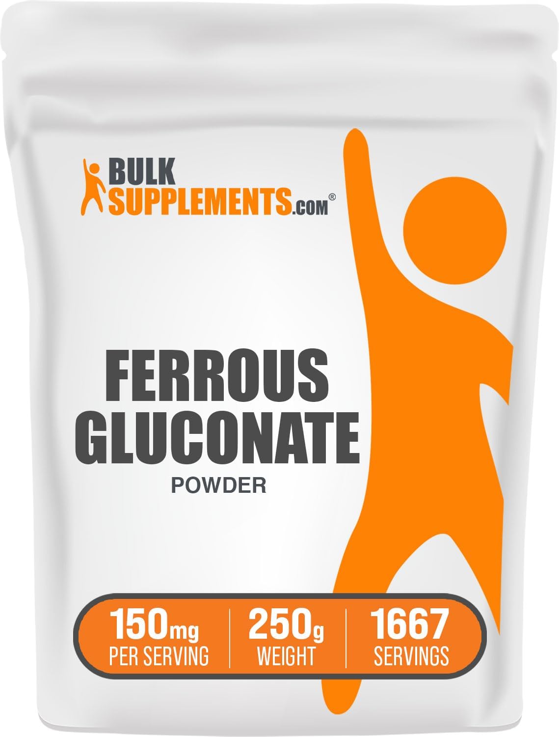 Ferrous Gluconate Powder - Iron Supplements for Energy - 18mg Iron, Gluten Free - 250g (8.8 oz) - BulkSupplements.com