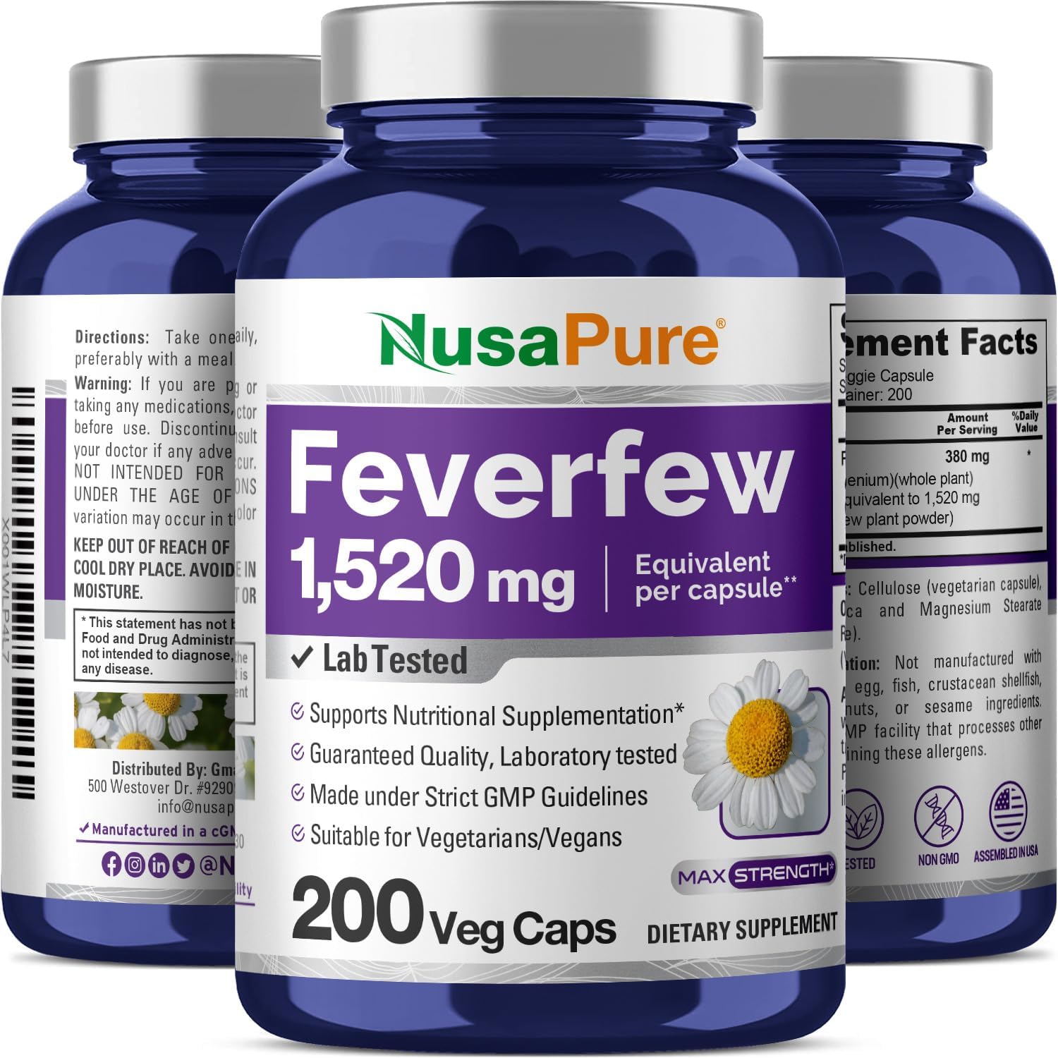 Feverfew Extract Capsules - 1520mg, 200 Vegetarian Caps, Non-GMO, Gluten Free