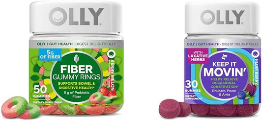 Fiber Gummy Rings with Prebiotic Fiber for Digestive Support - Berry Melon & Constipation Relief with Rhubarb, Prunes, Amla - Plum Berry Flavor - 80ct