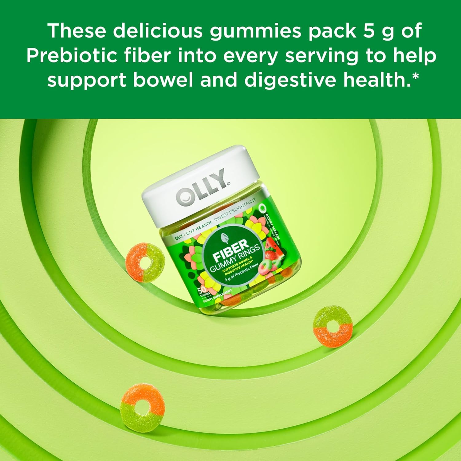 Fiber Gummy Rings with Prebiotic Fiber for Digestive Support - Berry Melon & Constipation Relief with Rhubarb, Prunes, Amla - Plum Berry Flavor - 80ct