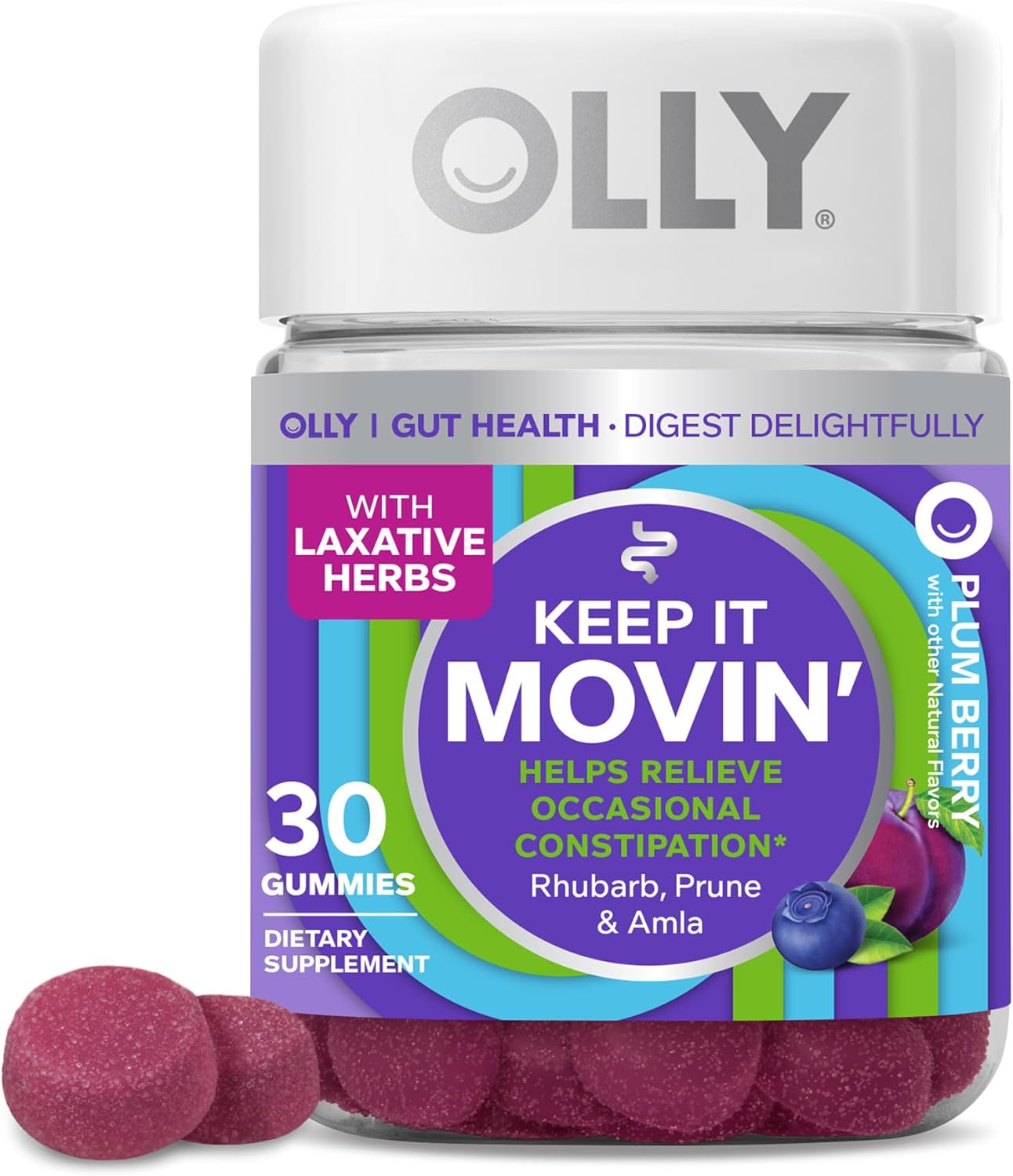 Fiber Gummy Rings with Prebiotic Fiber for Digestive Support - Berry Melon & Constipation Relief with Rhubarb, Prunes, Amla - Plum Berry Flavor - 80ct