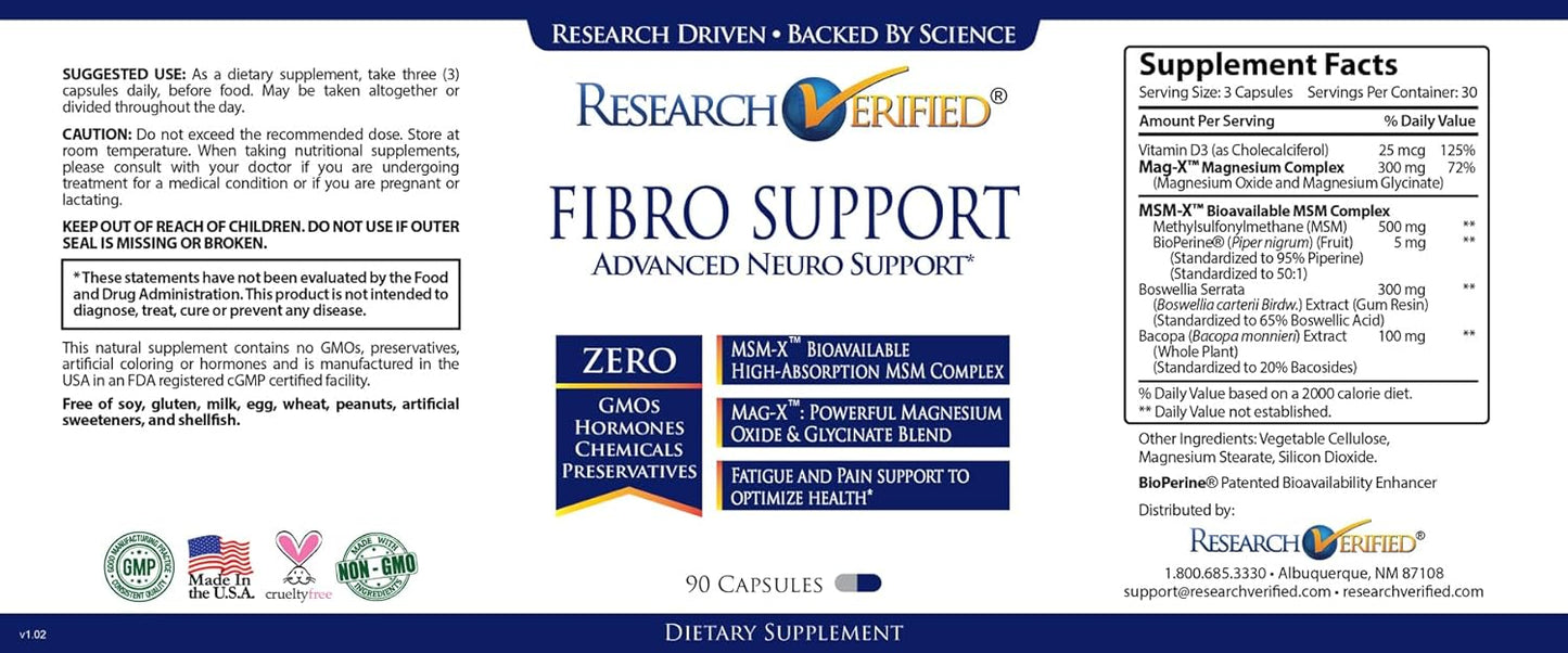 Fibro Support Supplement with MSM, Magnesium, Vitamin D3, BioPerine - 270 Vegan Capsules - 3 Month Supply