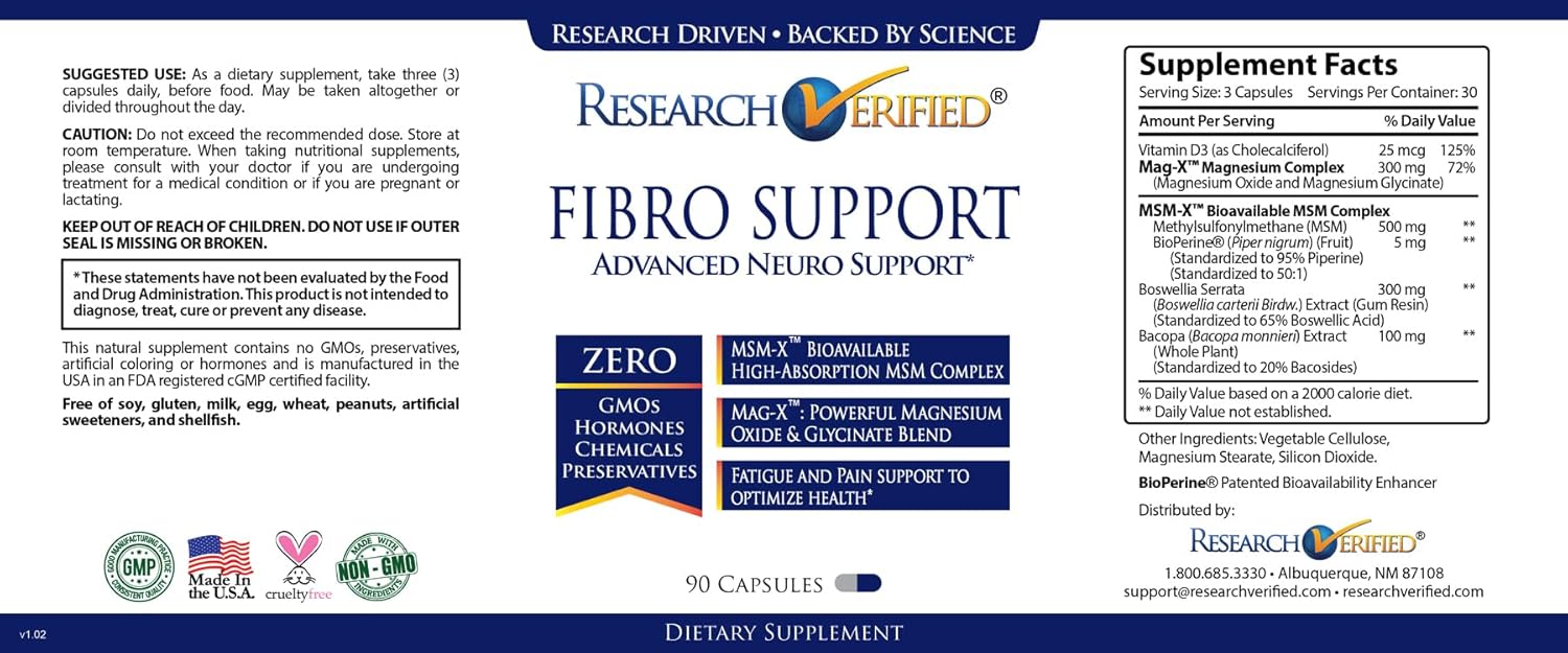 Fibro Support Supplement with MSM, Magnesium, Vitamin D3, BioPerine - 270 Vegan Capsules - 3 Month Supply