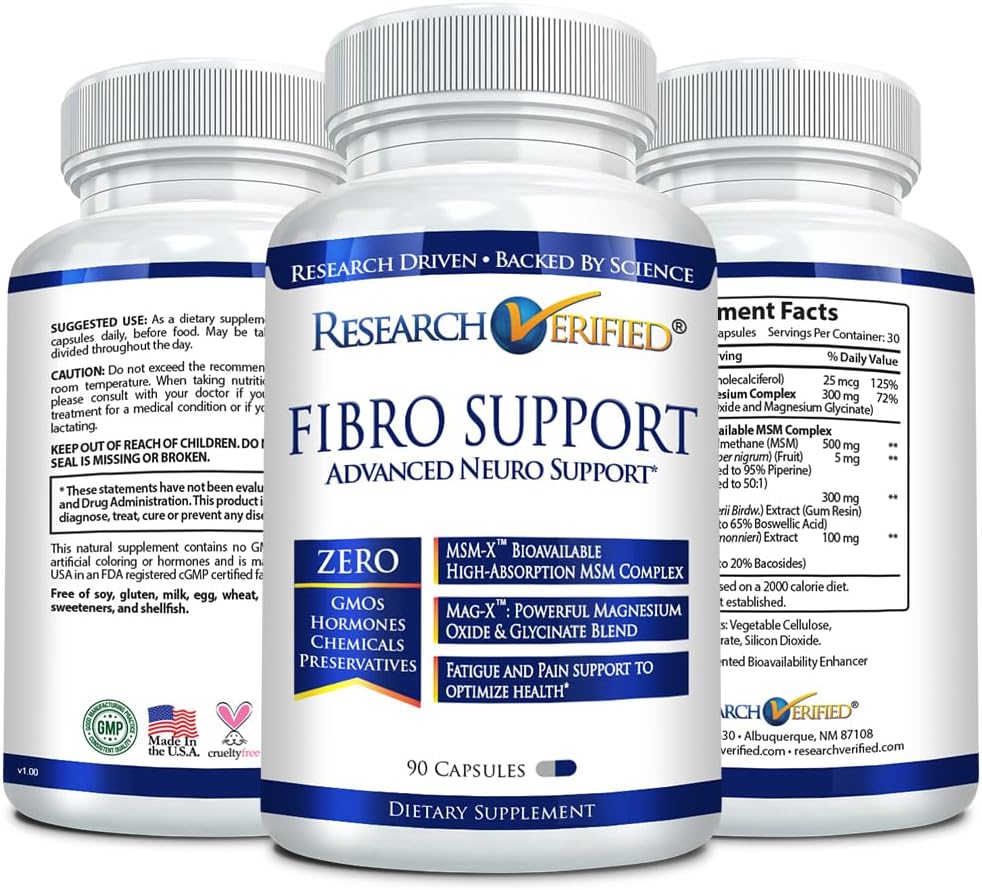Fibro Support Supplement with MSM, Magnesium, Vitamin D3, BioPerine - 270 Vegan Capsules - 3 Month Supply