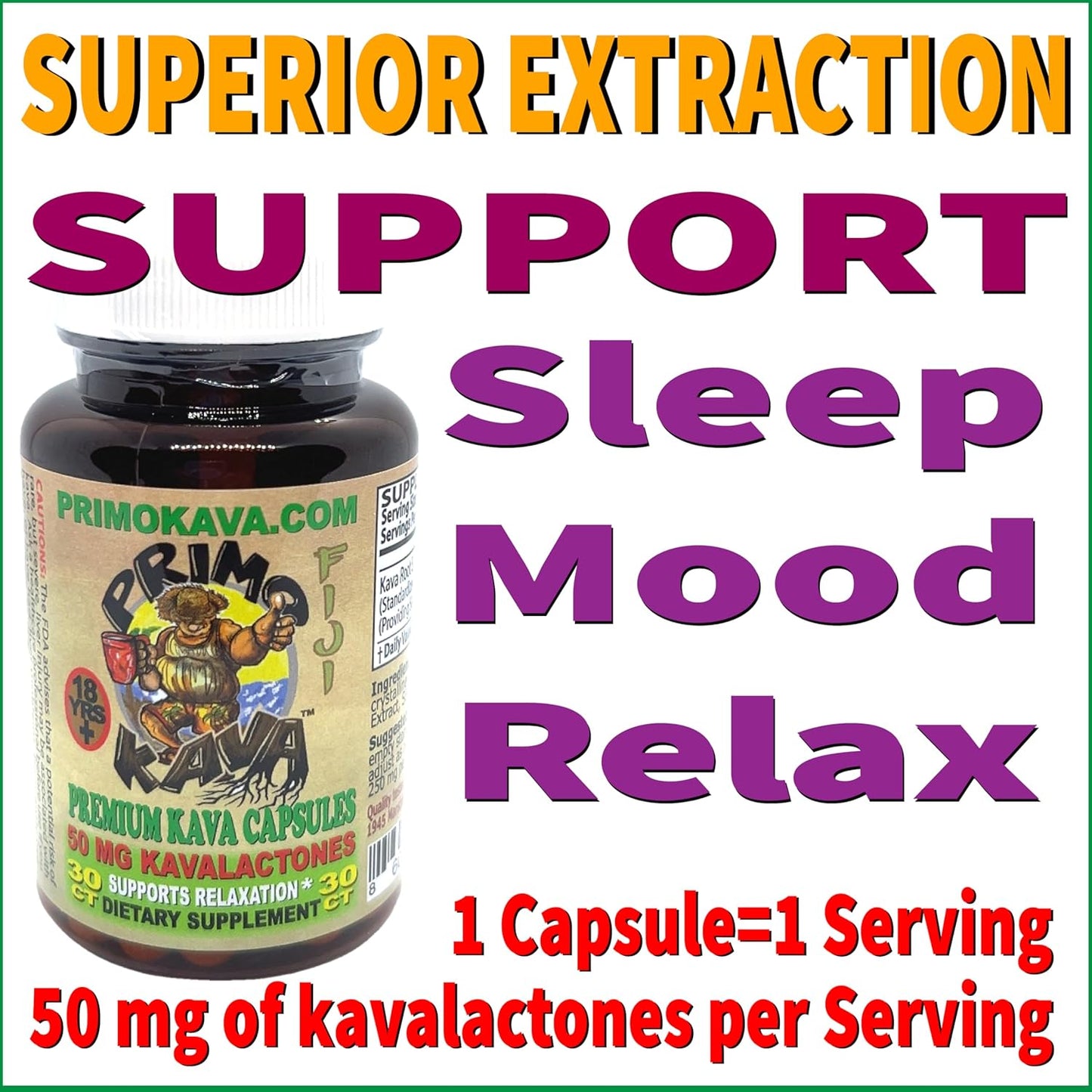 Fiji Kava Kava Capsules | Fast-Acting Extract | 50mg Kavalactones | Adaptogenic Blend | 30 Capsules