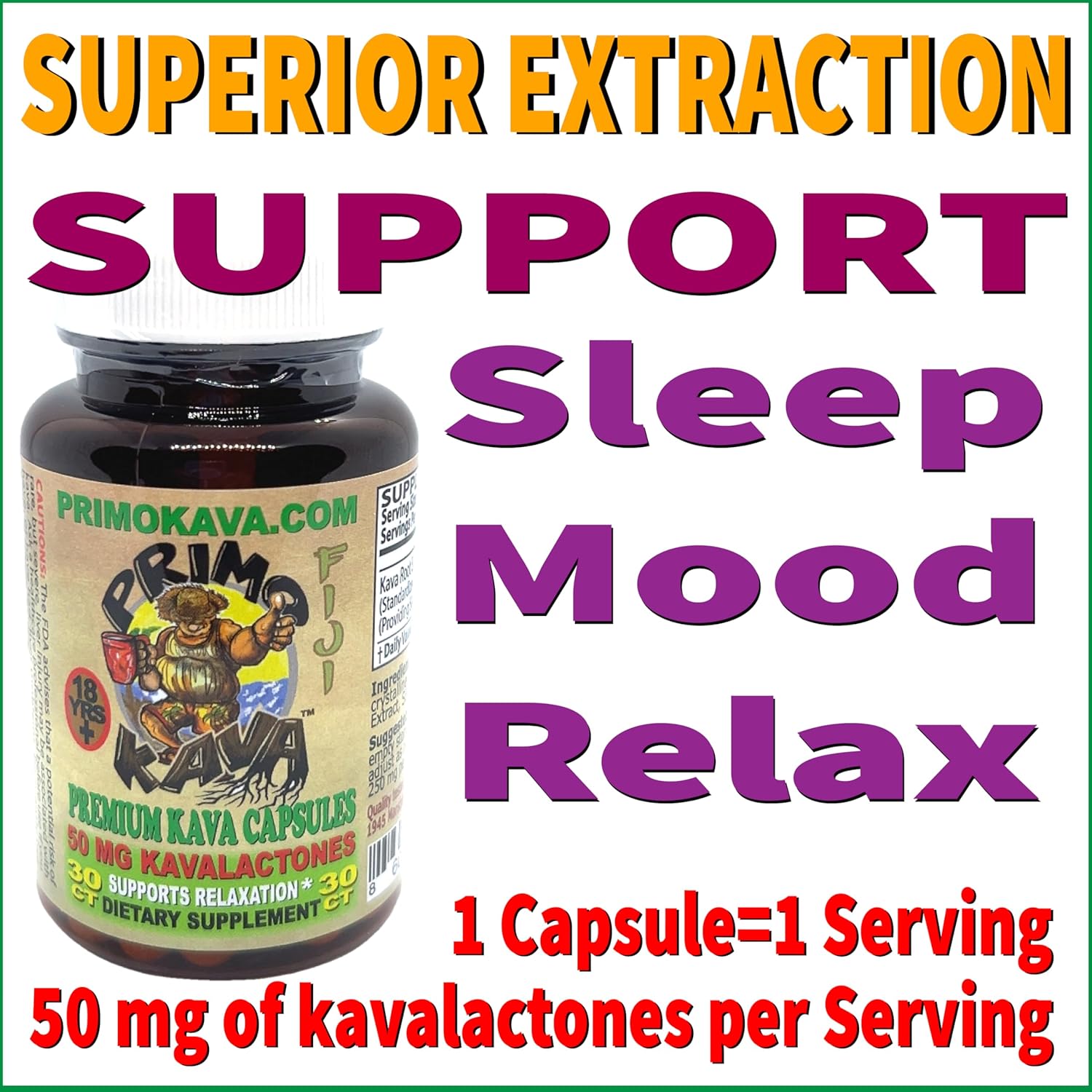 Fiji Kava Kava Capsules | Fast-Acting Extract | 50mg Kavalactones | Adaptogenic Blend | 30 Capsules
