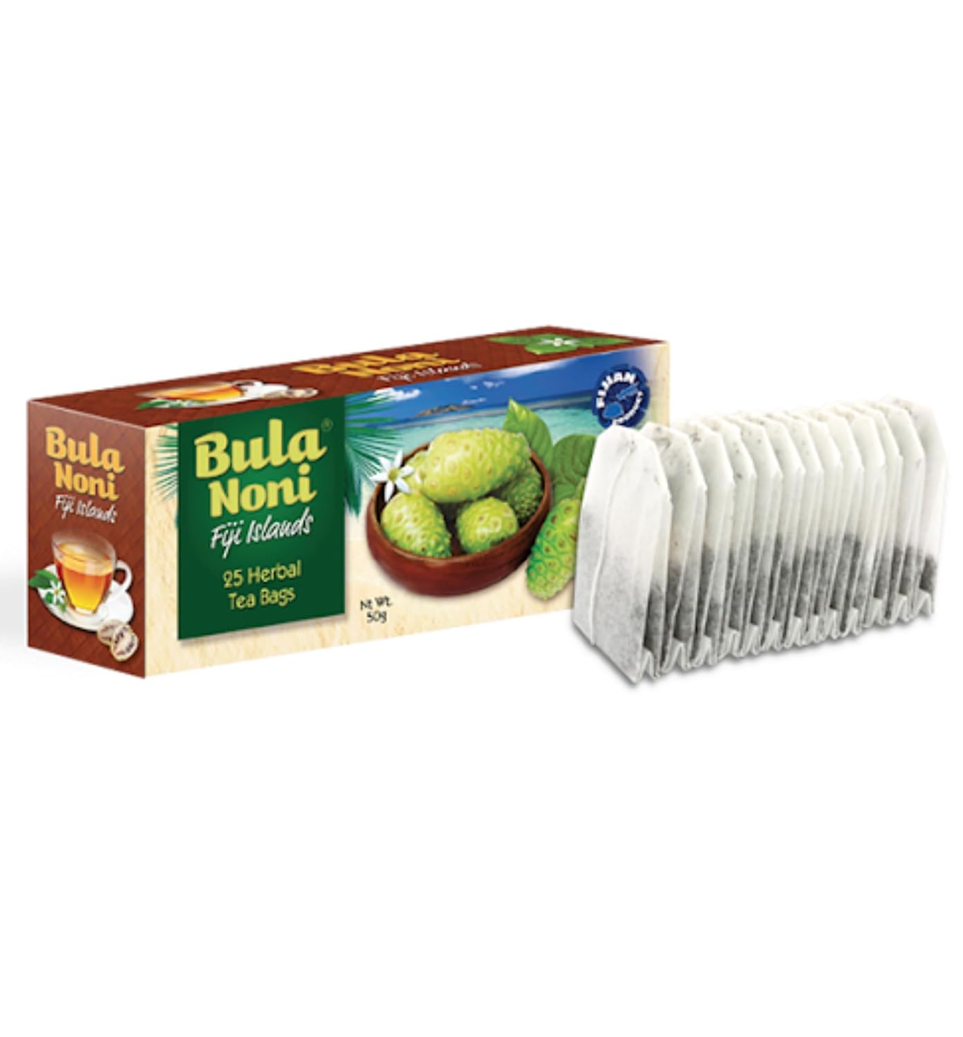 FIJIAN MADE Bula Noni Herbal Tea - 25 Tea Bags (50g) Pure Ceylon Green Tea with Noni Fruit Leaves