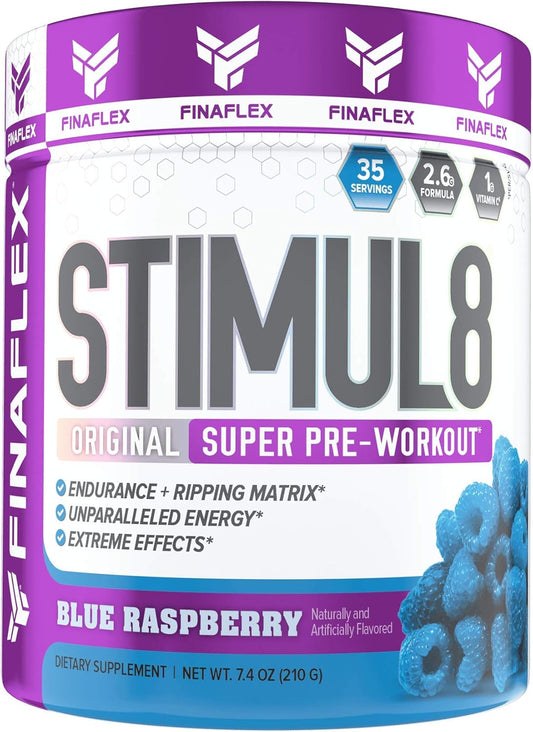 FINAFLEX STIMUL8 Original Super Pre-Workout, Blue Raspberry - Boost Energy, Strength, and Endurance - Caffeine, Beta-Alanine, Vitamin C - 35 Servings for Men & Women
