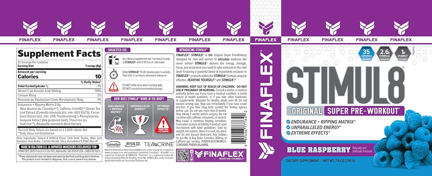 FINAFLEX STIMUL8 Original Super Pre-Workout, Blue Raspberry - Boost Energy, Strength, and Endurance - Caffeine, Beta-Alanine, Vitamin C - 35 Servings for Men & Women
