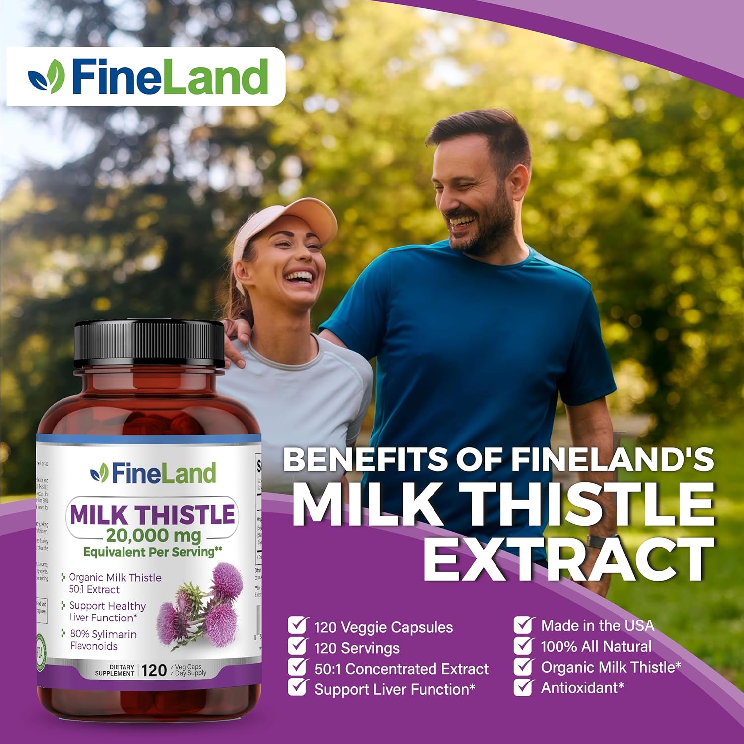 FineLand Milk Thistle Silymarin Extract 20,000mg Capsules - Liver Cleanse Detox & Support Supplement - Antioxidant - 120 Veggie Caps - 4 Months Supply - Vegan & Natural