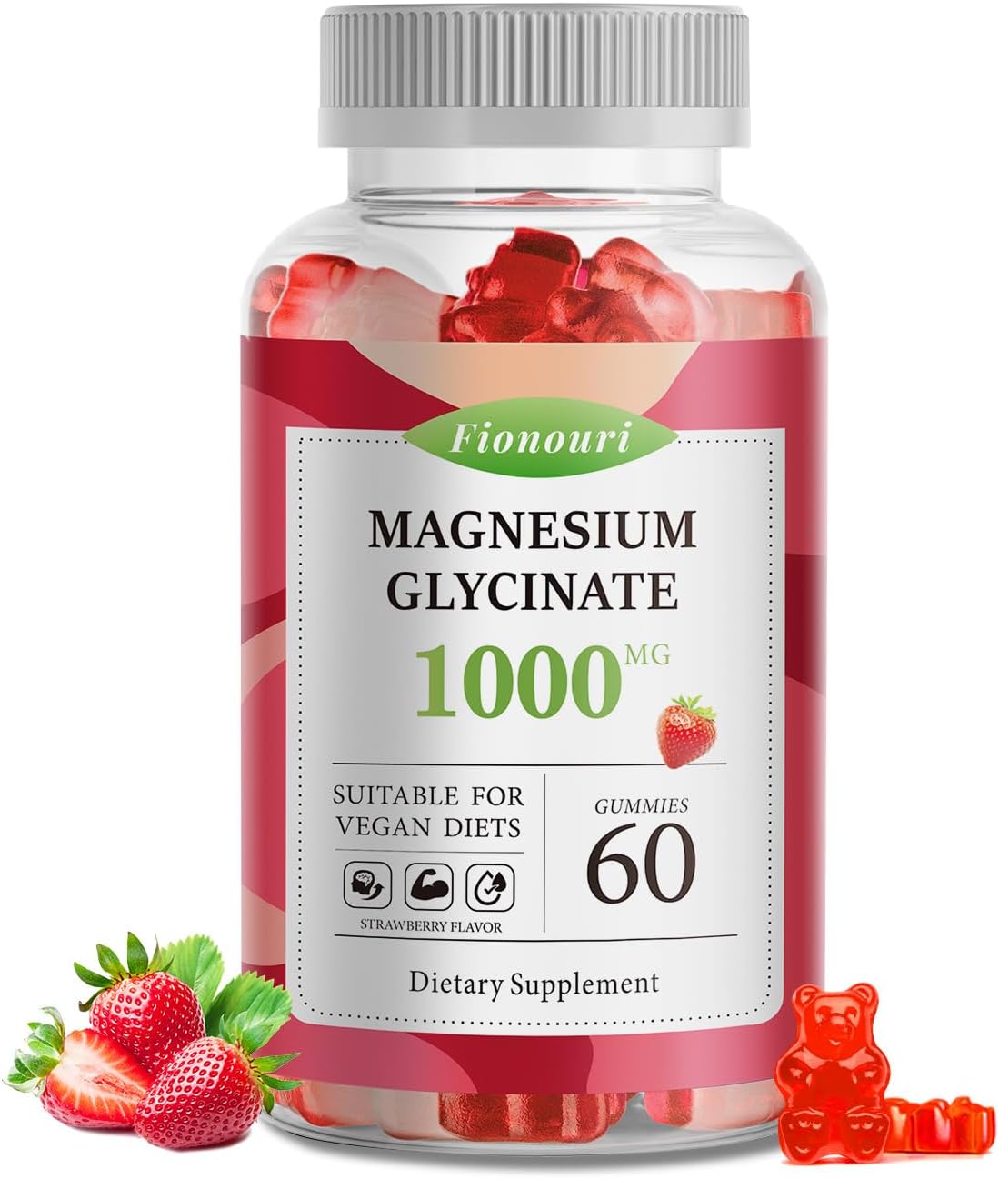 Fionouri Magnesium Glycinate Gummies 1000mg with Potassium, Vitamin D, B6, CoQ10 - Calm Mood & Sleep Support - 60 Strawberry Flavor Gummies for Adults - 1 Pack