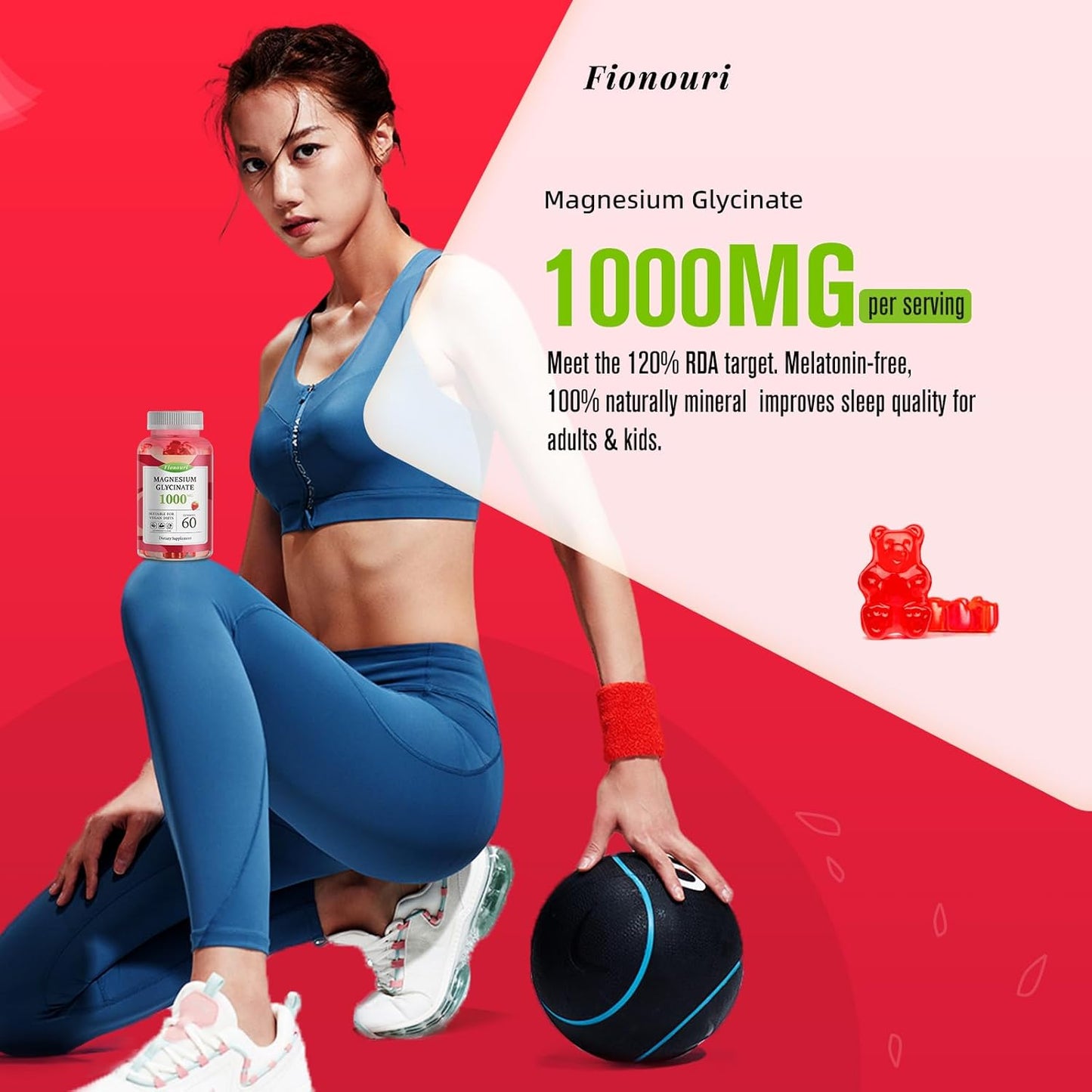 Fionouri Magnesium Glycinate Gummies 1000mg with Potassium, Vitamin D, B6, CoQ10 - Calm Mood & Sleep Support - 60 Strawberry Flavor Gummies for Adults - 1 Pack