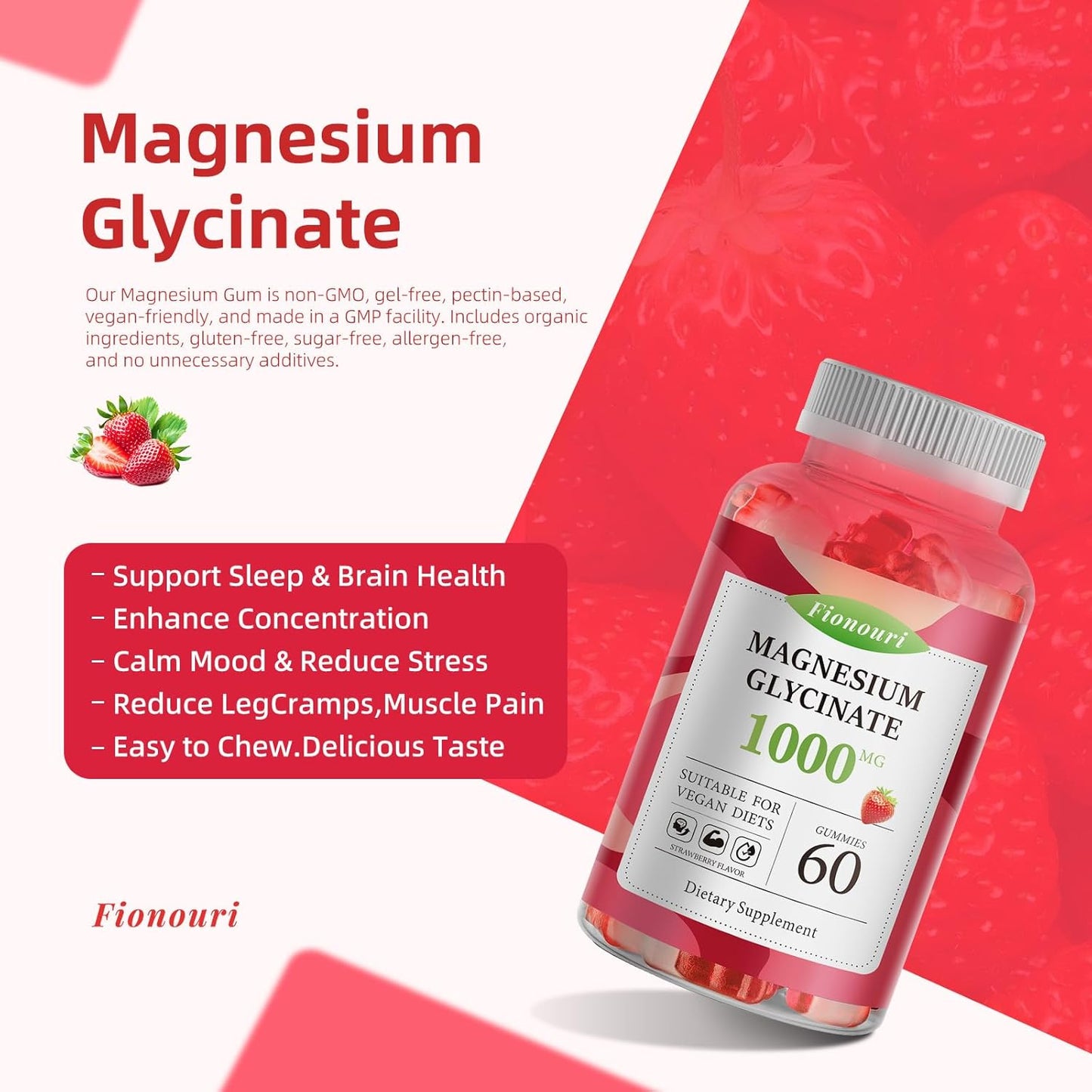 Fionouri Magnesium Glycinate Gummies 1000mg with Potassium, Vitamin D, B6, CoQ10 - Calm Mood & Sleep Support - 60 Strawberry Flavor Gummies for Adults - 1 Pack