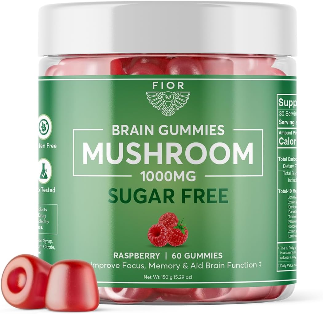 FIOR Naturally Sugar-Free Mushroom Gummy Total Mushroom Blend Supplement, 60 Count, Multi Mushroom Complex with Lions Mane, Chaga, Cordyceps, Reishi, Turkey Tail, Maitake, Shiitake, King Trumpet
