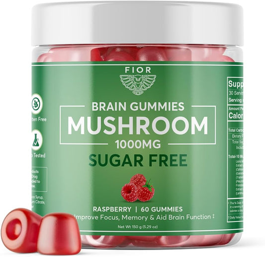 FIOR Naturally Sugar-Free Mushroom Gummy Total Mushroom Blend Supplement, 60 Count, Multi Mushroom Complex with Lions Mane, Chaga, Cordyceps, Reishi, Turkey Tail, Maitake, Shiitake, King Trumpet