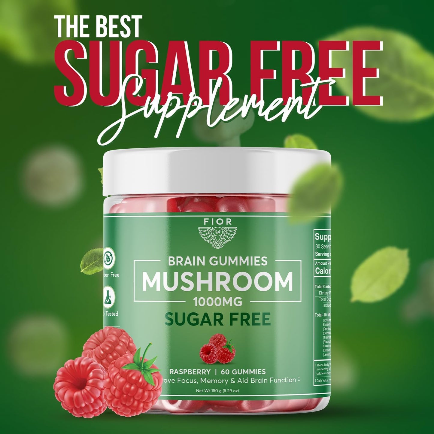 FIOR Naturally Sugar-Free Mushroom Gummy Total Mushroom Blend Supplement, 60 Count, Multi Mushroom Complex with Lions Mane, Chaga, Cordyceps, Reishi, Turkey Tail, Maitake, Shiitake, King Trumpet