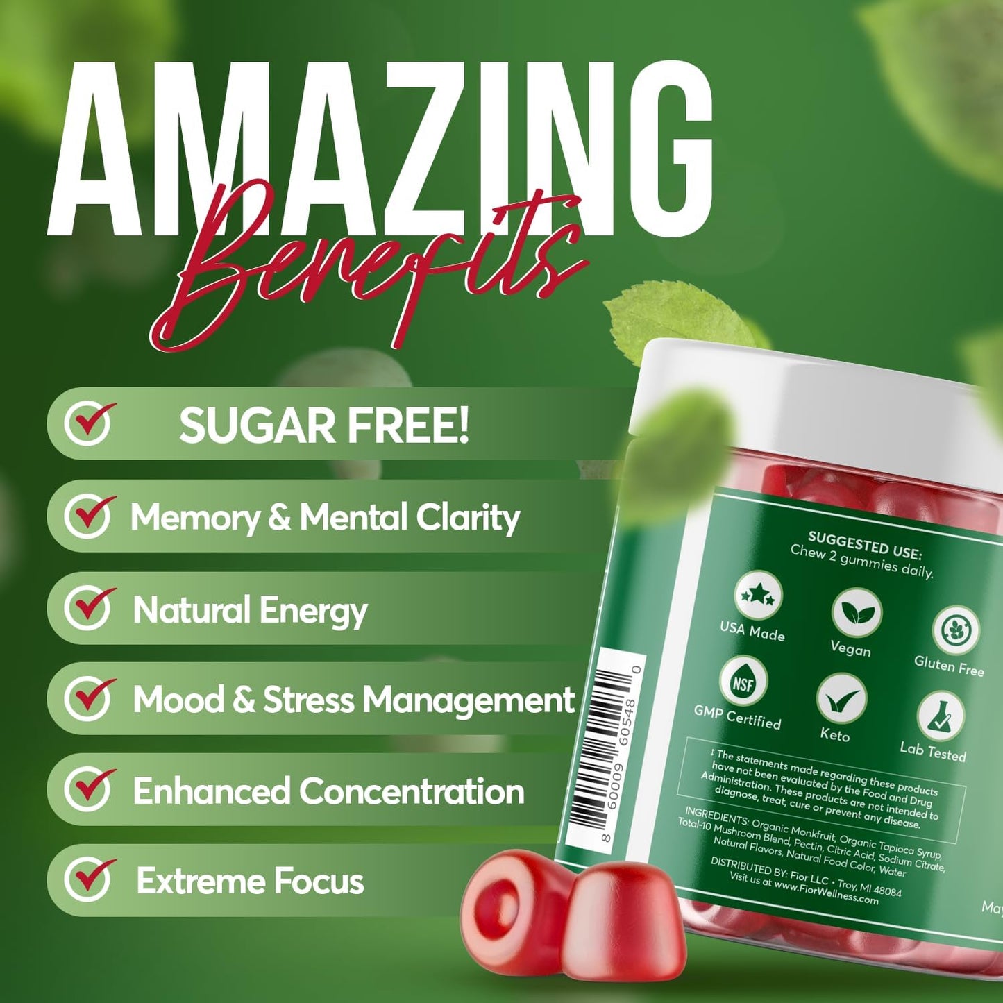 FIOR Naturally Sugar-Free Mushroom Gummy Total Mushroom Blend Supplement, 60 Count, Multi Mushroom Complex with Lions Mane, Chaga, Cordyceps, Reishi, Turkey Tail, Maitake, Shiitake, King Trumpet