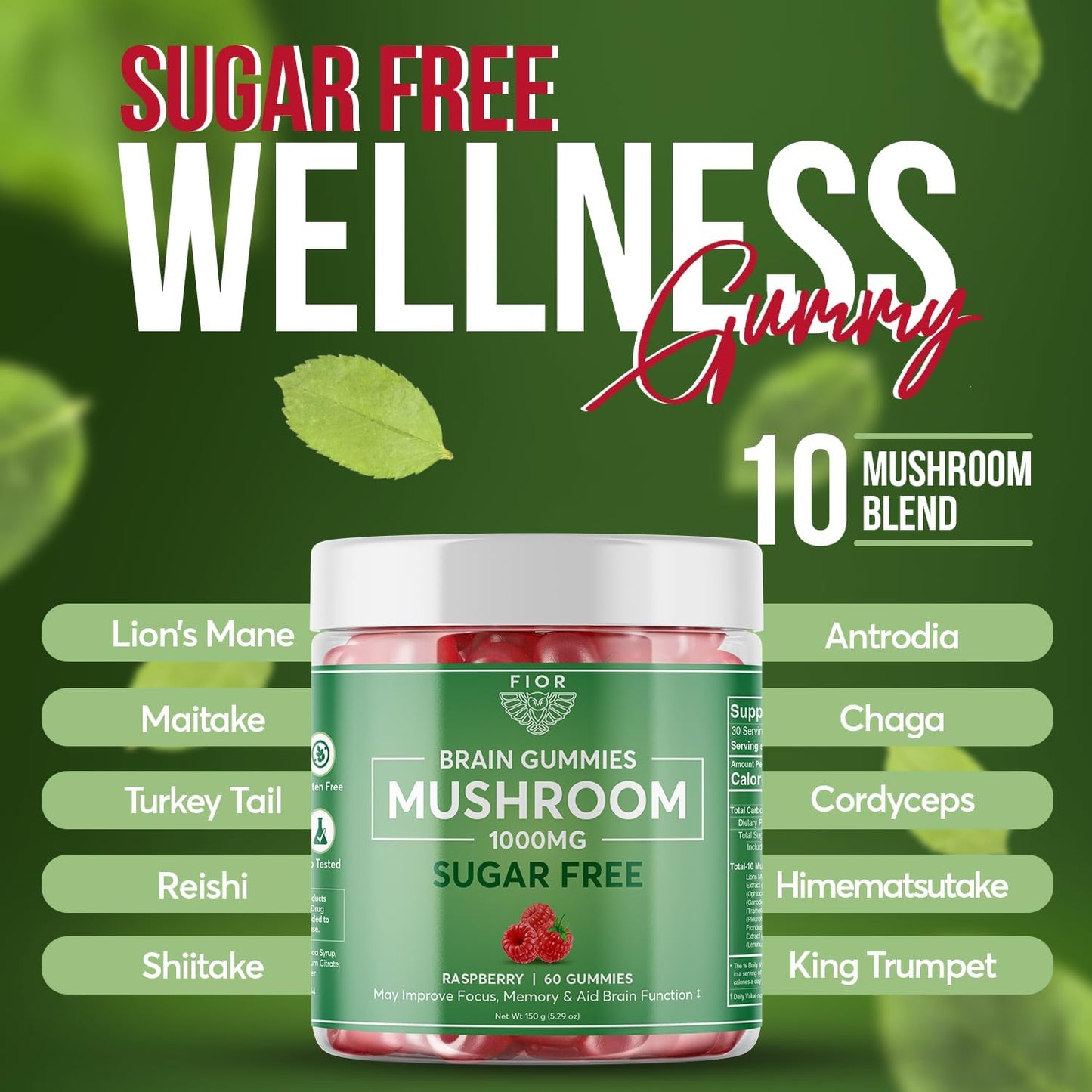 FIOR Naturally Sugar-Free Mushroom Gummy Total Mushroom Blend Supplement, 60 Count, Multi Mushroom Complex with Lions Mane, Chaga, Cordyceps, Reishi, Turkey Tail, Maitake, Shiitake, King Trumpet