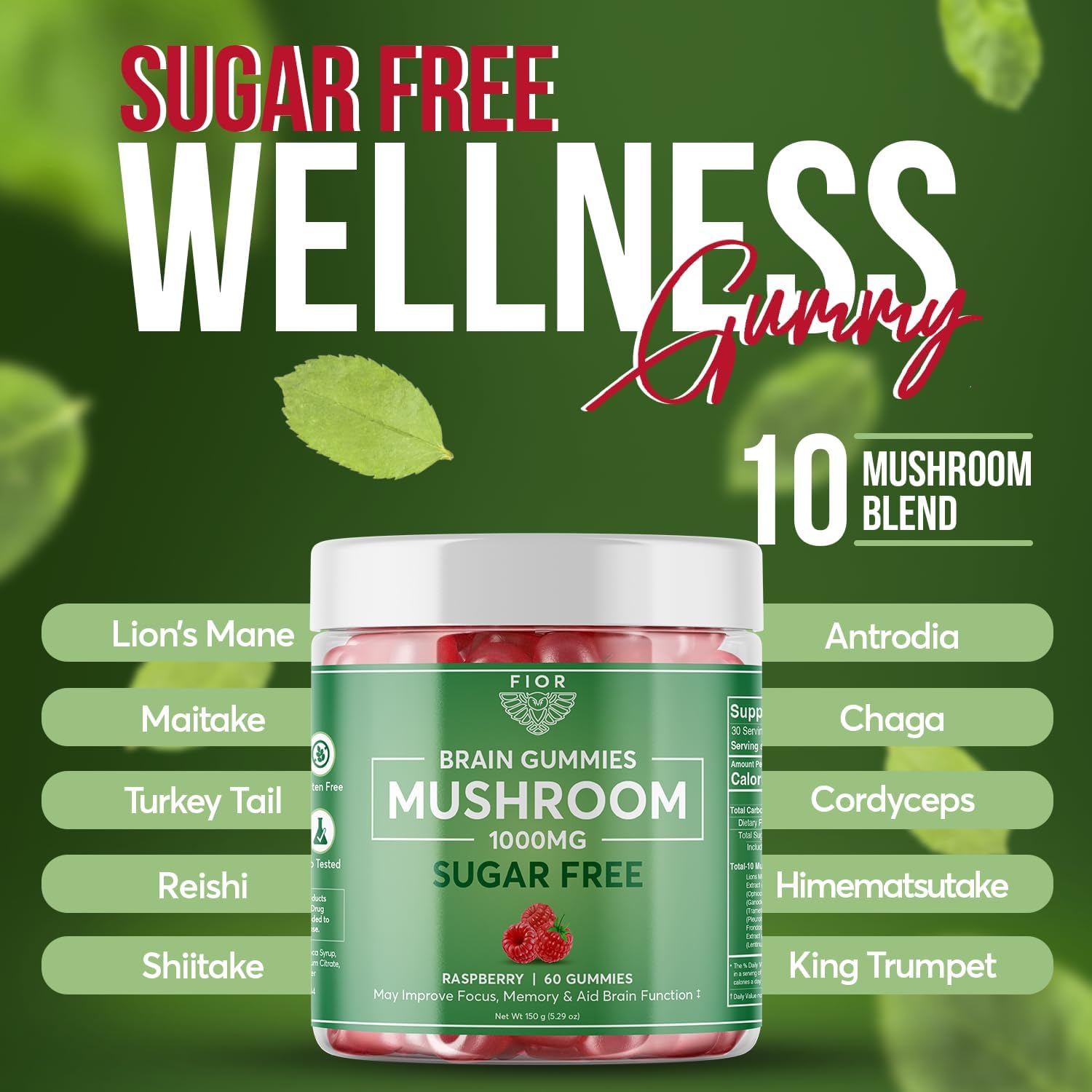 FIOR Naturally Sugar-Free Mushroom Gummy Total Mushroom Blend Supplement, 60 Count, Multi Mushroom Complex with Lions Mane, Chaga, Cordyceps, Reishi, Turkey Tail, Maitake, Shiitake, King Trumpet
