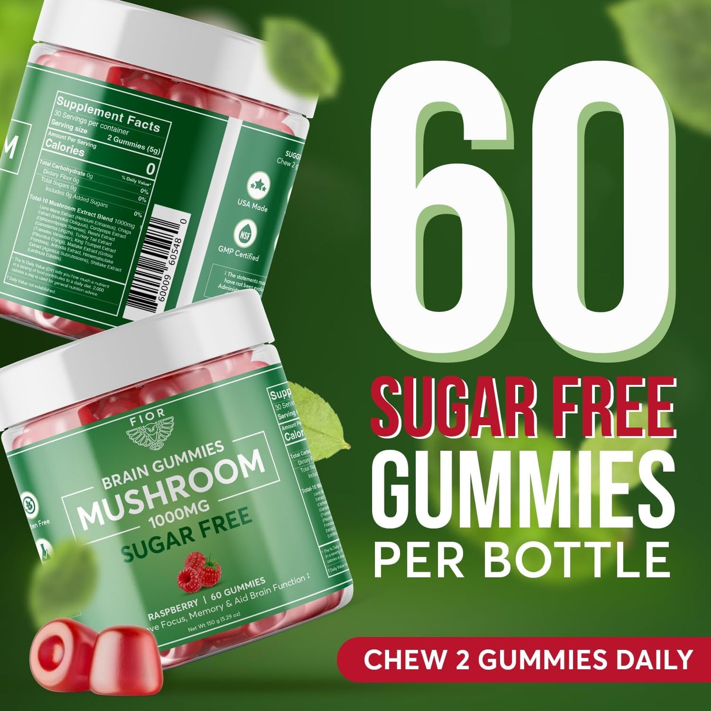 FIOR Naturally Sugar-Free Mushroom Gummy Total Mushroom Blend Supplement, 60 Count, Multi Mushroom Complex with Lions Mane, Chaga, Cordyceps, Reishi, Turkey Tail, Maitake, Shiitake, King Trumpet