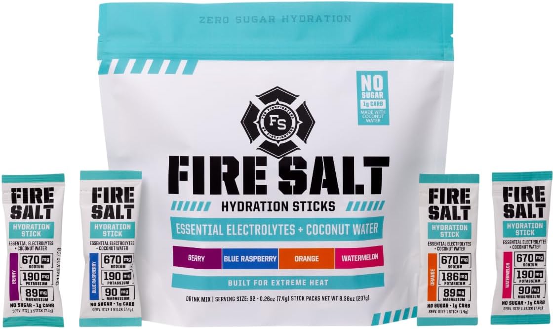 Fire Science Nutrition Fire Salt Hydration Sticks - Electrolyte & Coconut Water Drink Mix with Magnesium, Potassium, and Sodium - Zero Sugar - On-the-Go Packs - Variety Pack - 32 Count