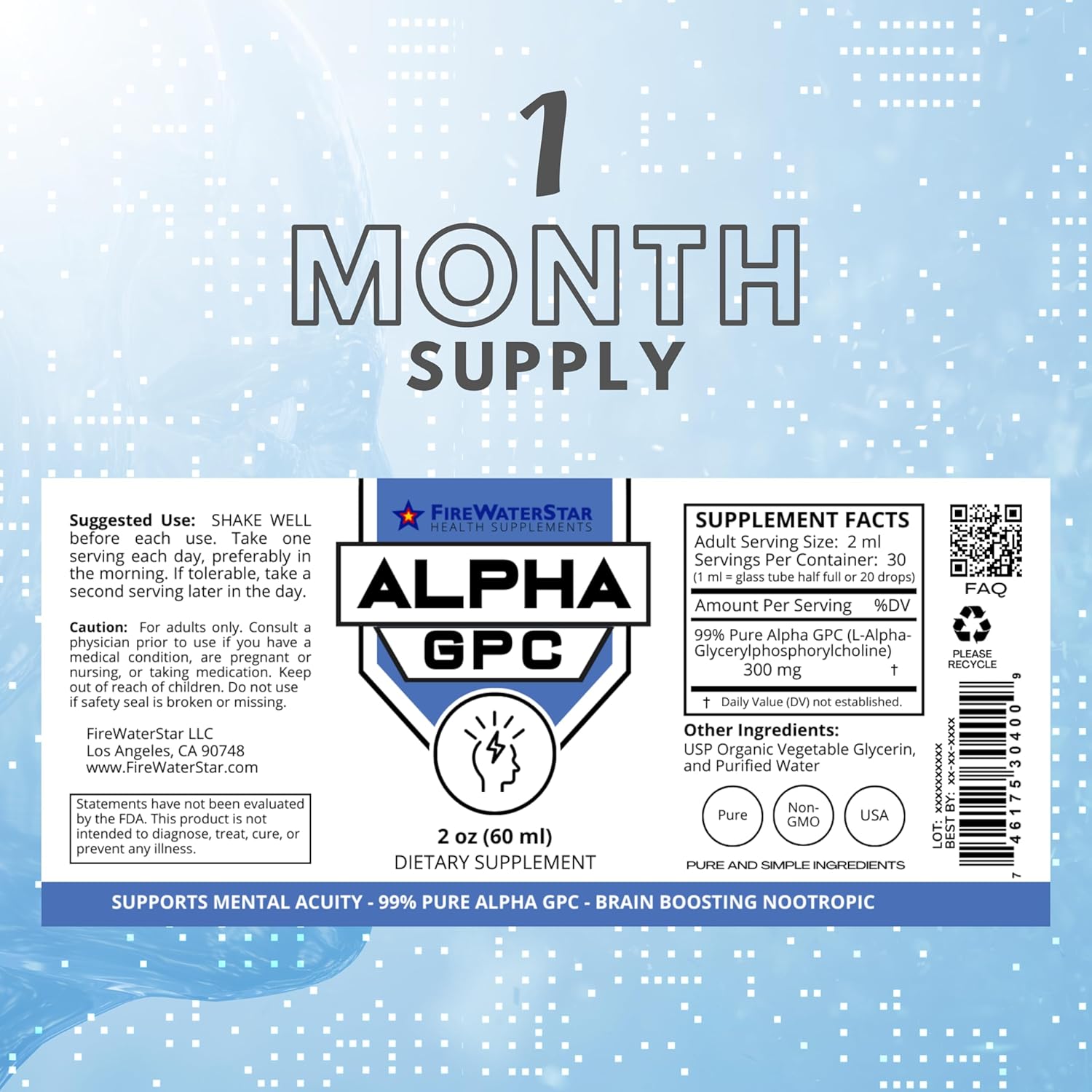 FIREWATERSTAR Alpha GPC Choline Liquid Drops - Nootropic Brain Supplement for Memory and Focus - 99% Pure L Alpha-GPC - 300mg - 30 Day Supply