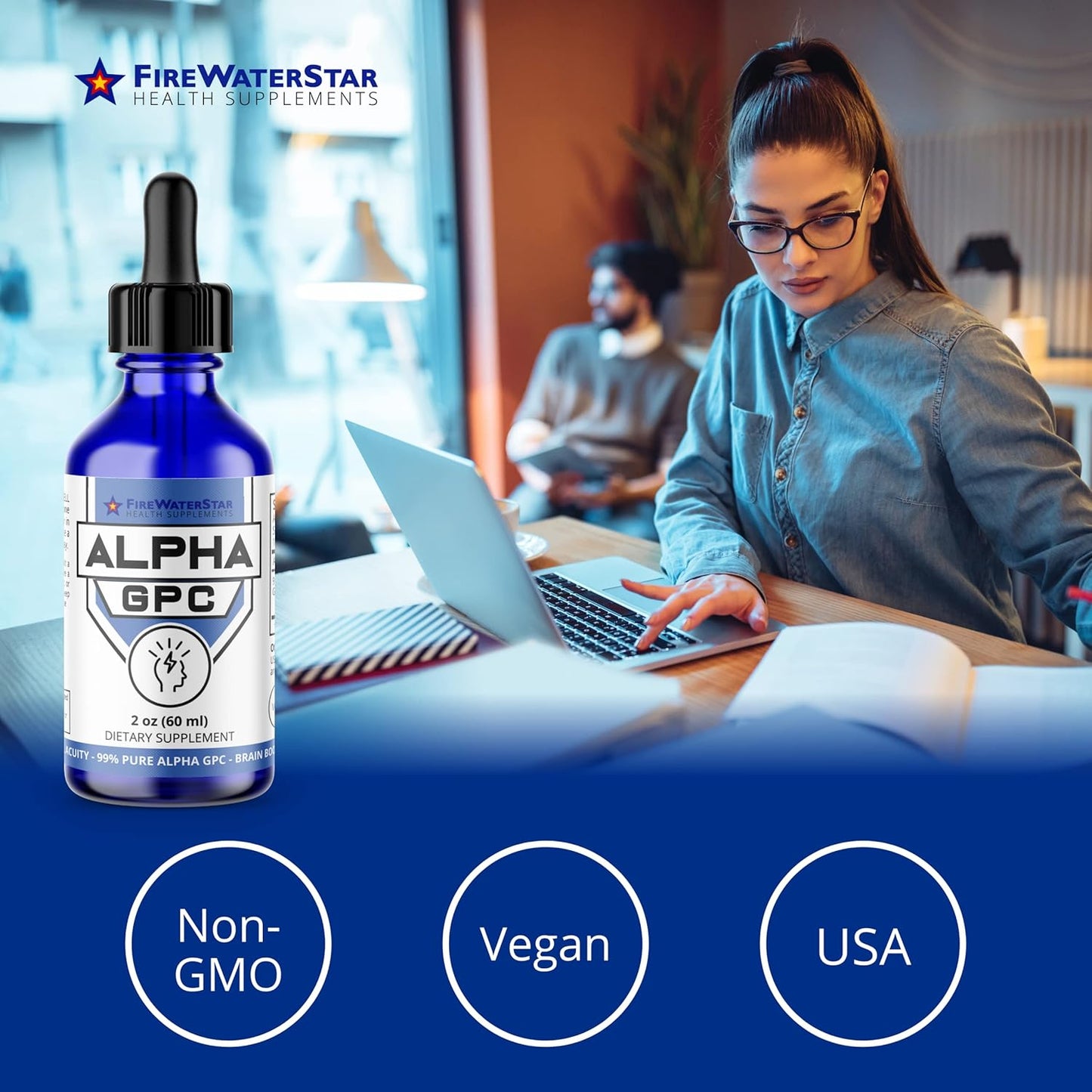 FIREWATERSTAR Alpha GPC Choline Liquid Drops - Nootropic Brain Supplement for Memory and Focus - 99% Pure L Alpha-GPC - 300mg - 30 Day Supply