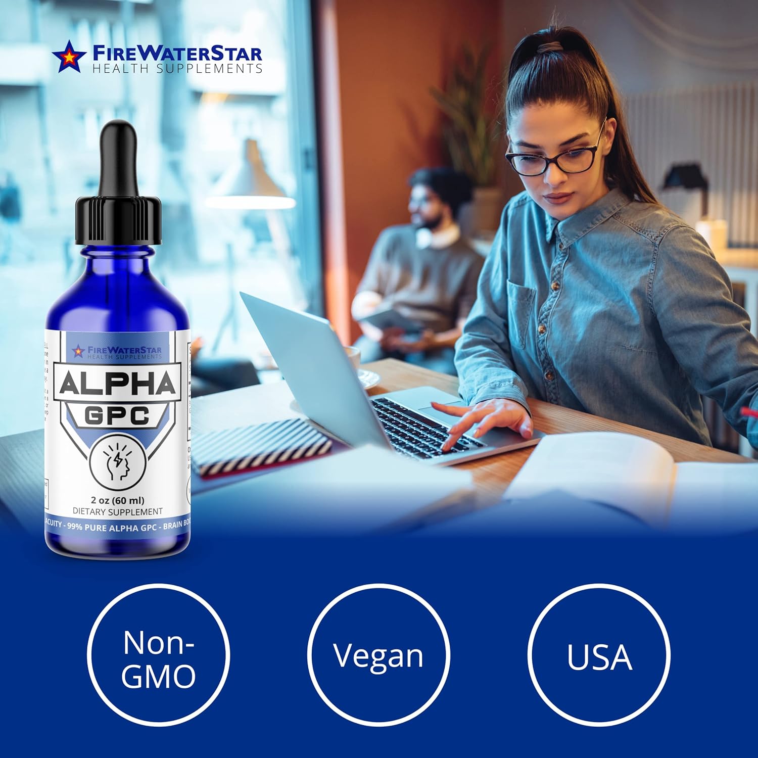 FIREWATERSTAR Alpha GPC Choline Liquid Drops - Nootropic Brain Supplement for Memory and Focus - 99% Pure L Alpha-GPC - 300mg - 30 Day Supply