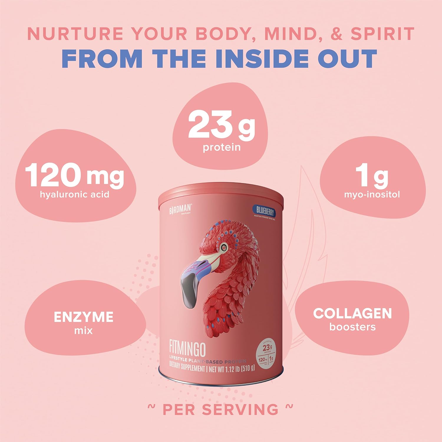 Fitmingo Blueberry Vegan Protein Powder with Inositol, Collagen Boosters, Hyaluronic Acid and Vitamins | Low Carb, Dairy Free, Low Calorie | 23g Plant Based Protein Powder with Myo-Inositol