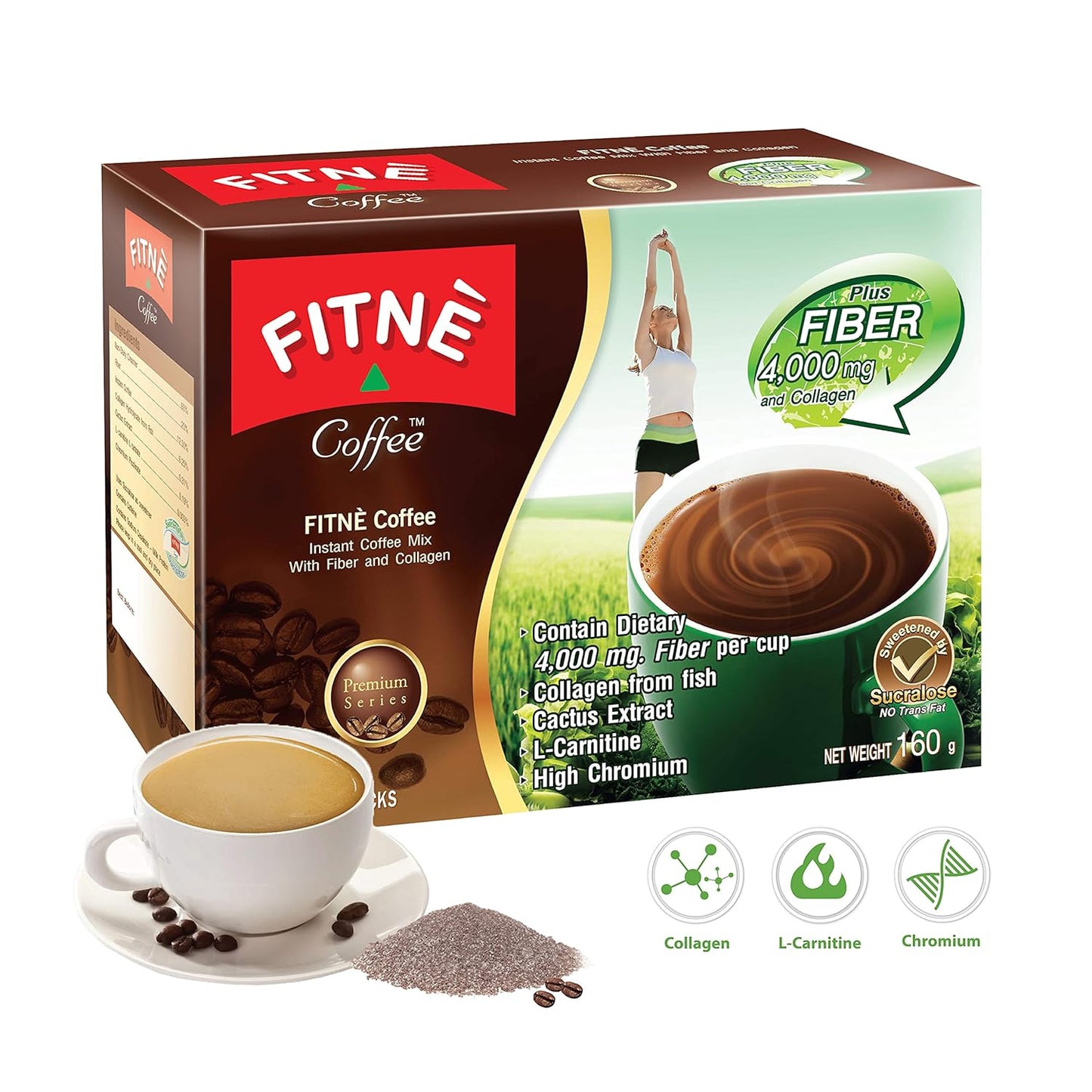 FITNÈ FITNE Premium Instant Coffee Packets with 4,000mg Collagen, Cactus Extract, and L-Carnitine - 10 Sticks