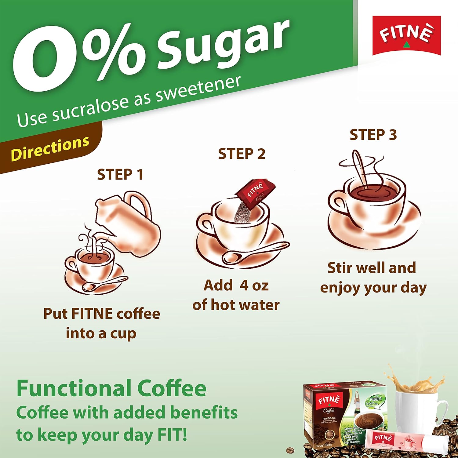 FITNÈ FITNE Premium Instant Coffee Packets with 4,000mg Collagen, Cactus Extract, and L-Carnitine - 10 Sticks