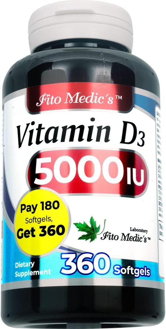 FITO MEDIC'S Lab - Vitamin D3 Softgels for Bone, Teeth, Muscle & Immune Health - 360 Capsules, 5000 IU - High Absorption Formula - BoostGo Australia