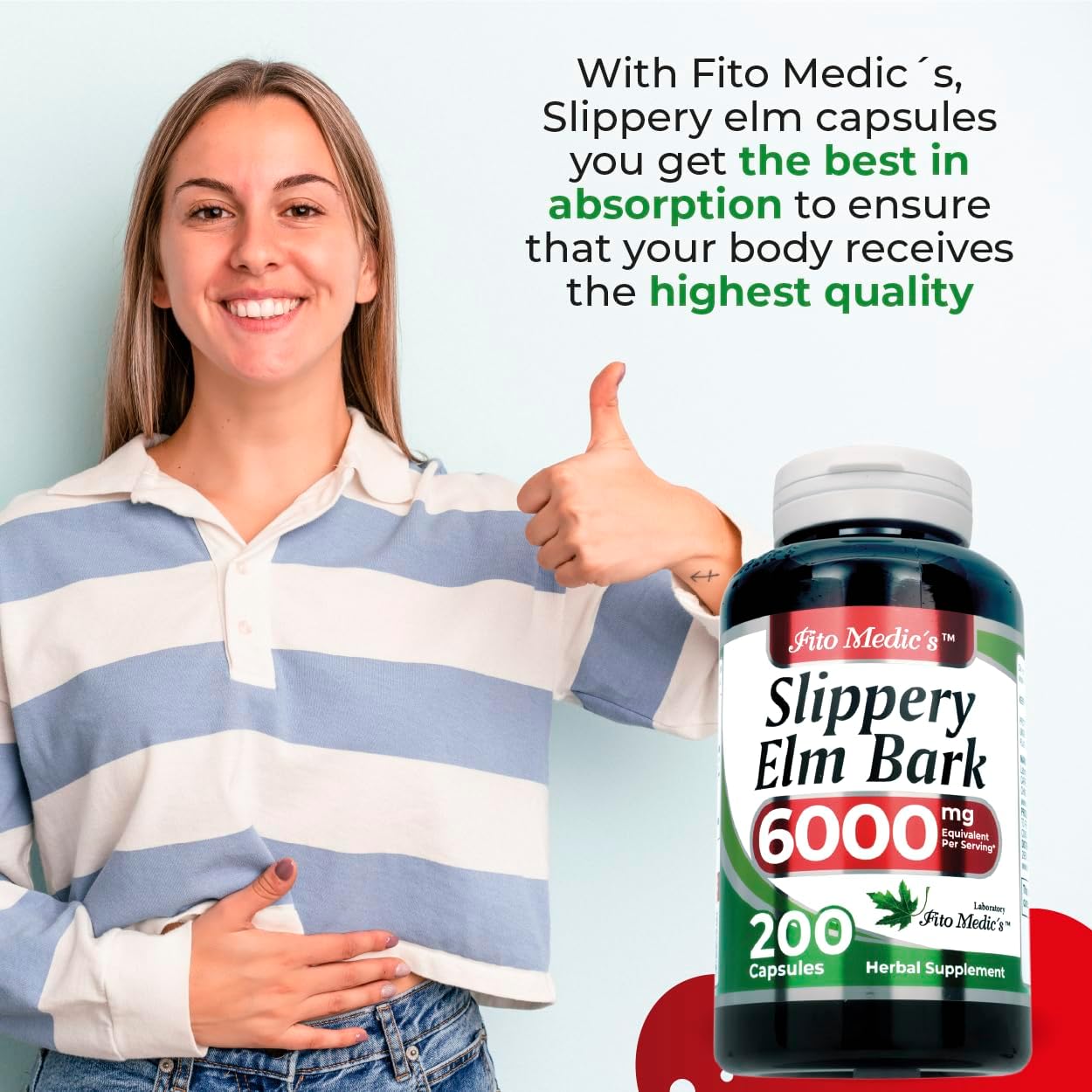 FITO MEDIC'S Lab Slippery Elm Capsules 6000mg - 200 Capsules for Ultra High Absorption of Slippery Elm Bark