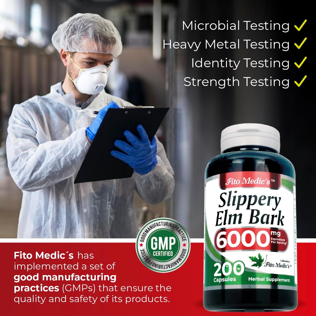 FITO MEDIC'S Lab Slippery Elm Capsules 6000mg - 200 Capsules for Ultra High Absorption of Slippery Elm Bark