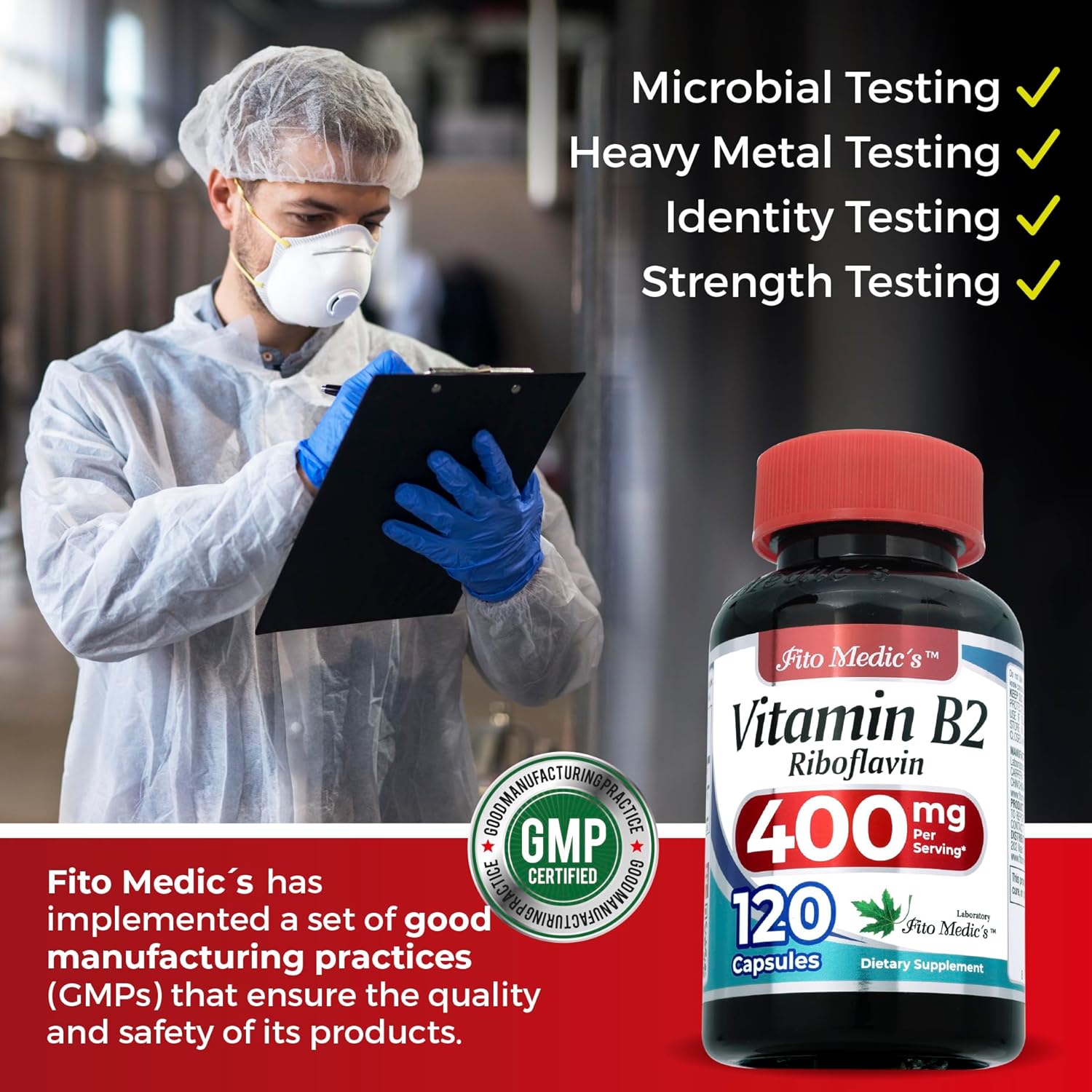 FITO MEDIC'S Lab Vitamin B2 400mg Capsules for Ultra High Absorption | Riboflavin Supplement 120 ct