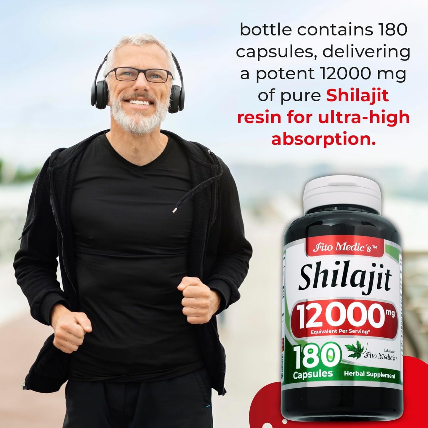 FITOMEDIC's Lab Shilajit Capsules - 180 Capsules, 12000mg, Pure Resin Supplement for Ultra High Absorption