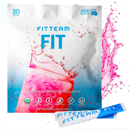 FITTEAM Fit Sticks: Organic Energy Drink Mix for Mental Focus, Energy Boost & Mood Support - 30 Stick Packs