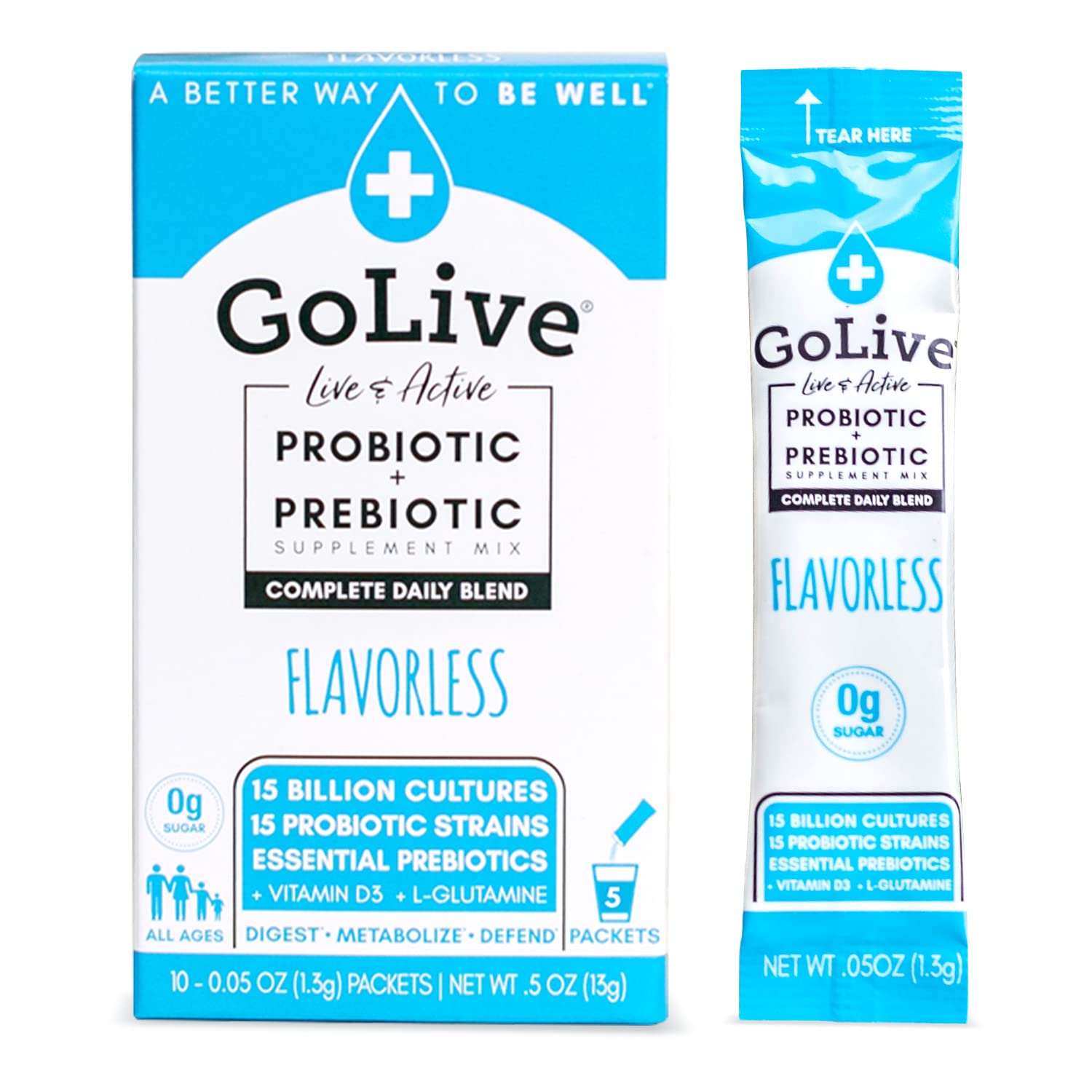 Flavor-Free Prebiotic & Probiotic Powder with GOS, L-Glutamine, Vitamin D3 for Gut Health, Digestion, and Immunity - 15-50B CFUs