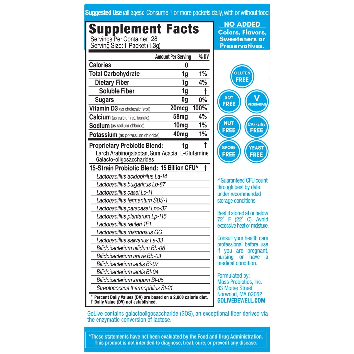 Flavor-Free Prebiotic & Probiotic Powder with GOS, L-Glutamine, Vitamin D3 for Gut Health, Digestion, and Immunity - 15-50B CFUs