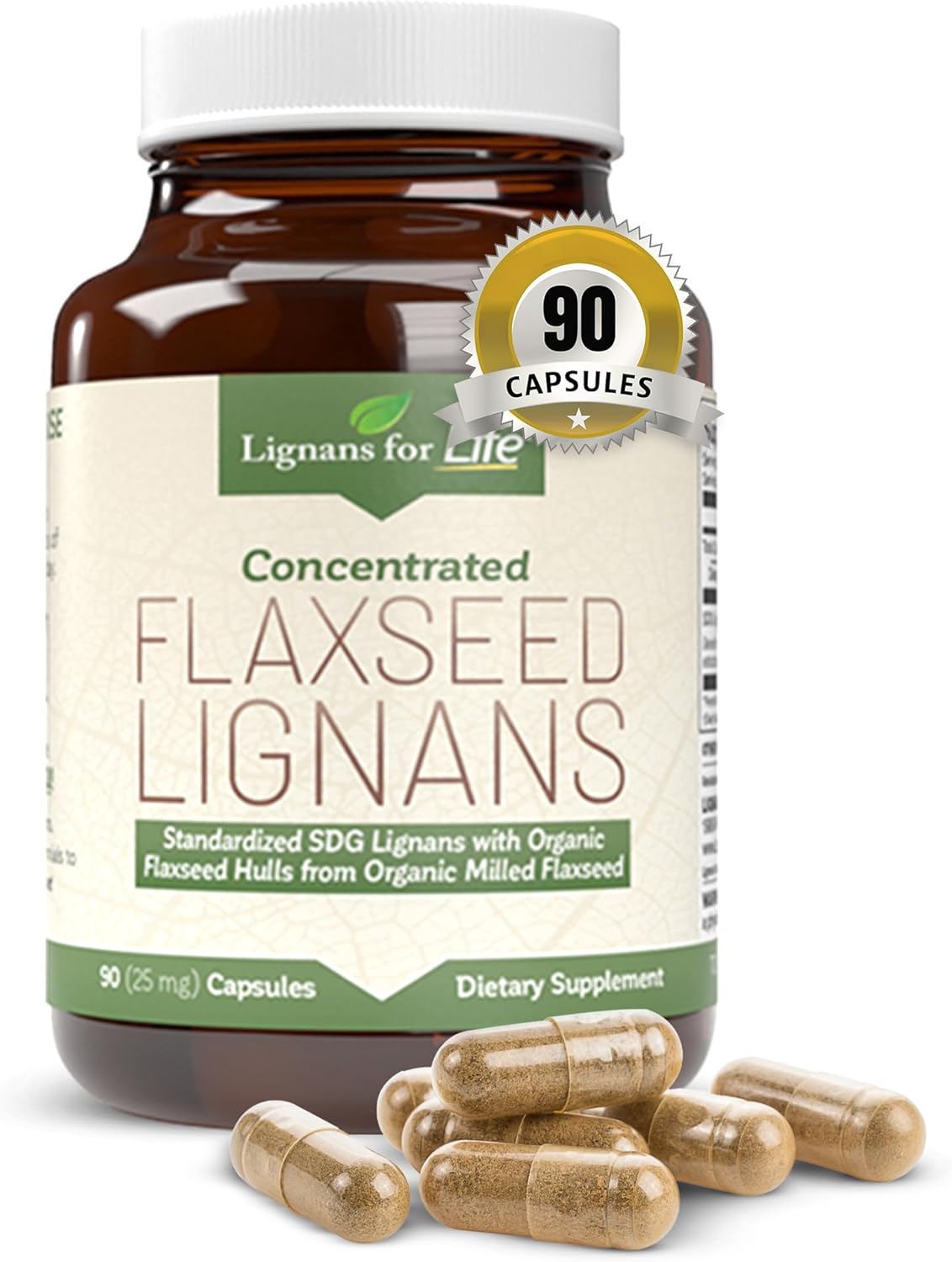 Flaxseed Lignans Supplement Capsules - Omega 3 Fatty Acids, Fiber & Antioxidants for Shiny Coat, Digestive & Heart Health - 25mg, 90ct, 1-Pack